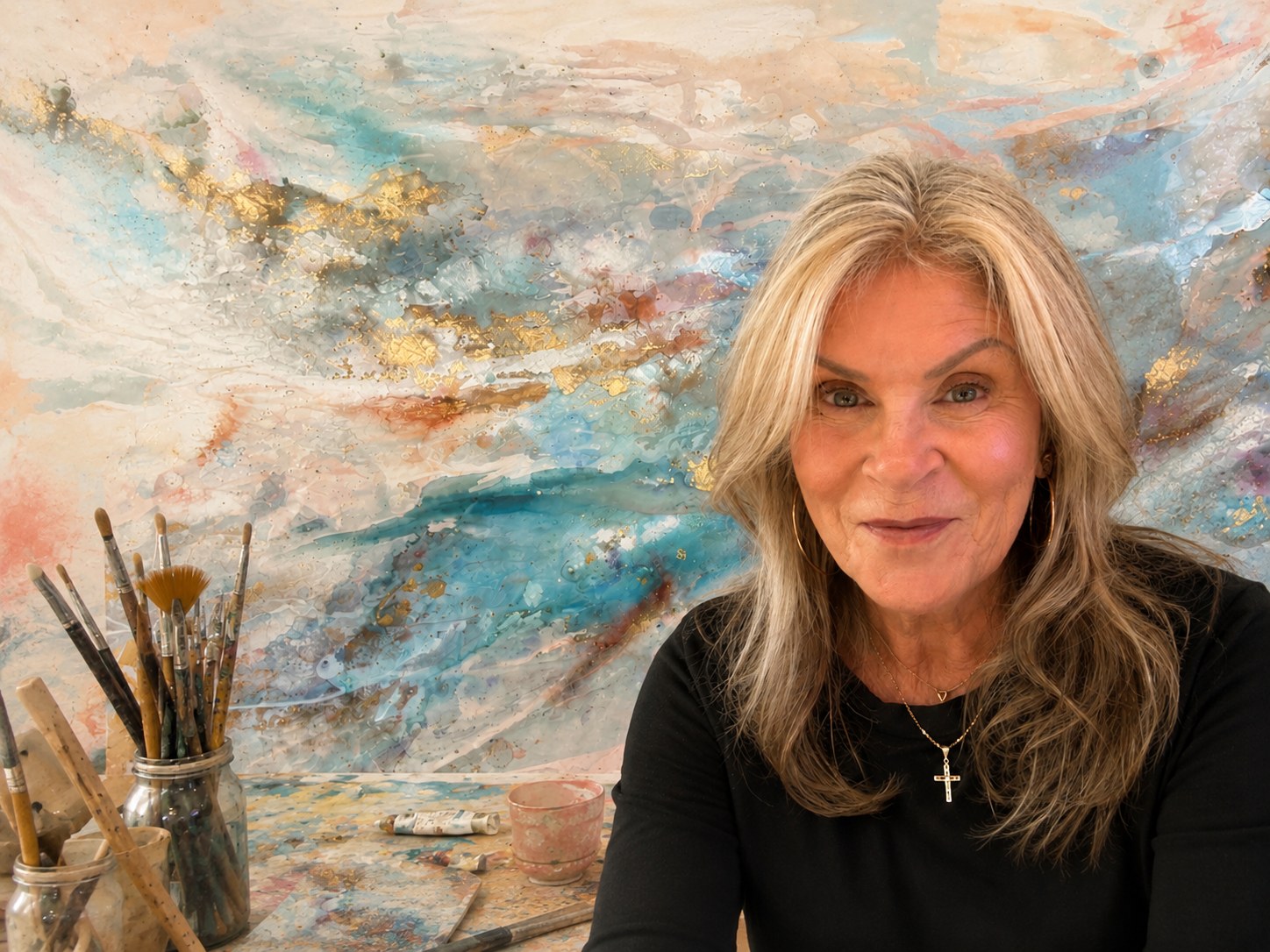 Lori Burke with her paintbrushes in front of her colourful artwork
